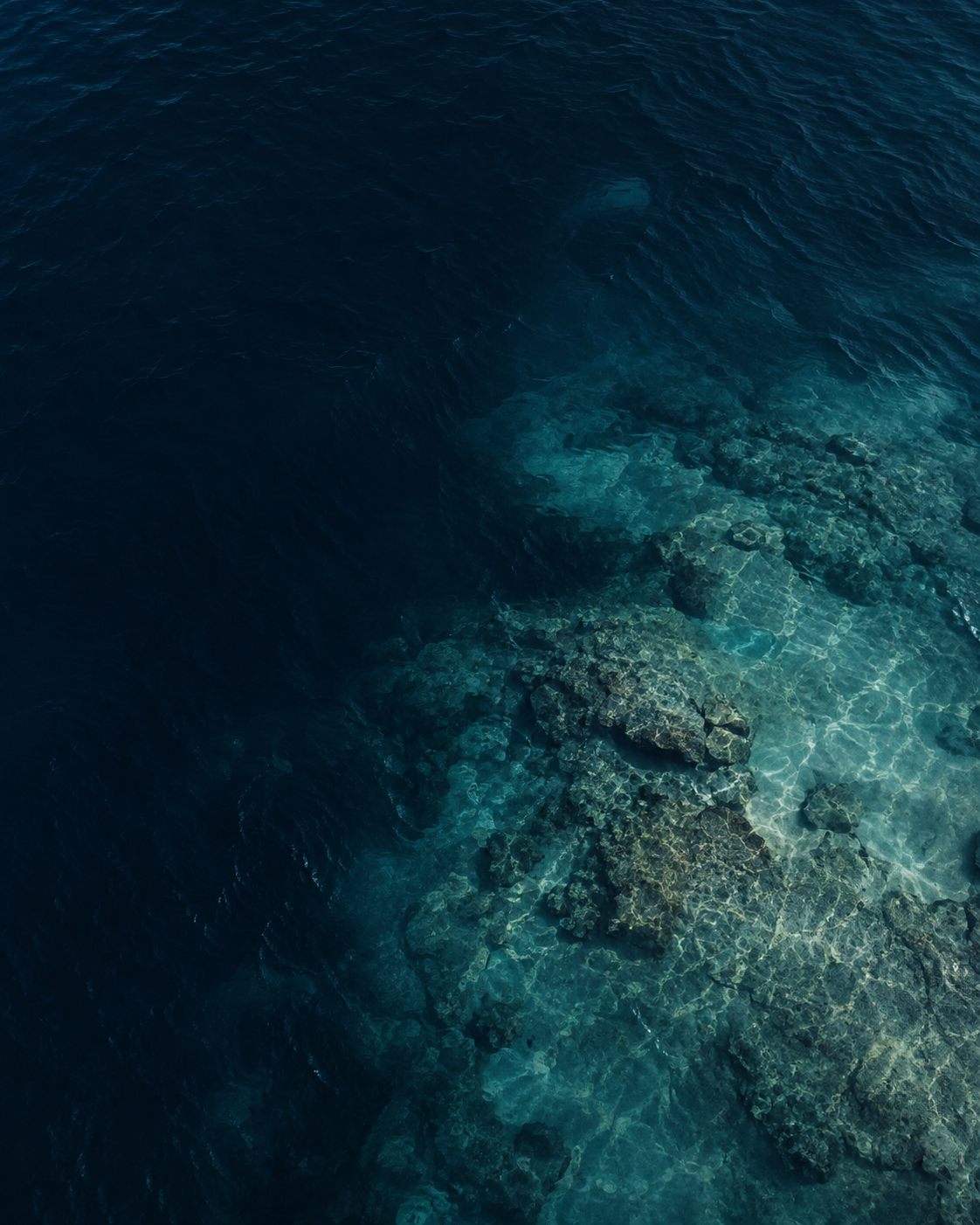 A submerged rocky shoal beneath dark blue coastal water.